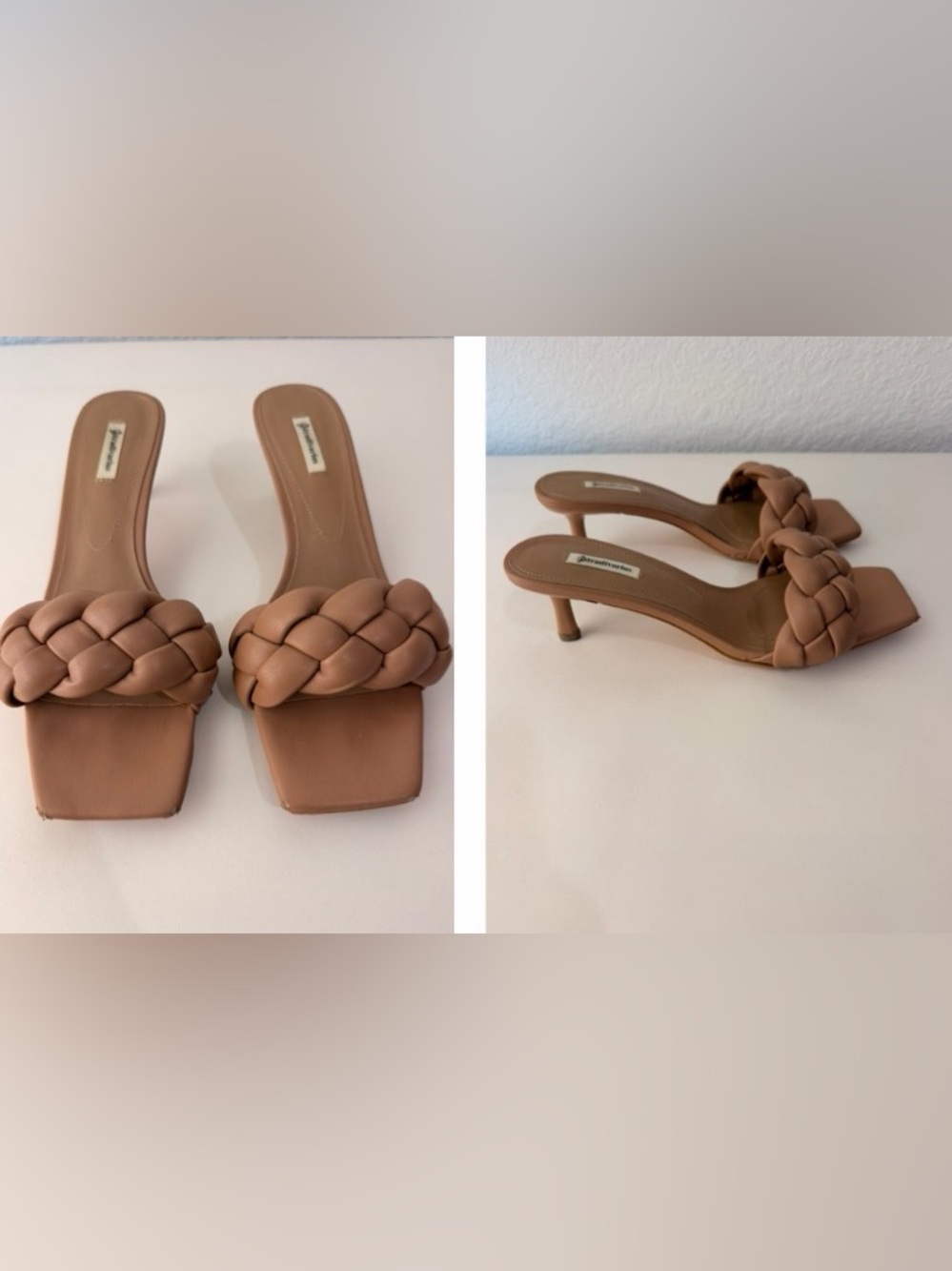 Stradivarius Beige Braided Mule Sandals | Square Toe Low Kitten Heel Slides